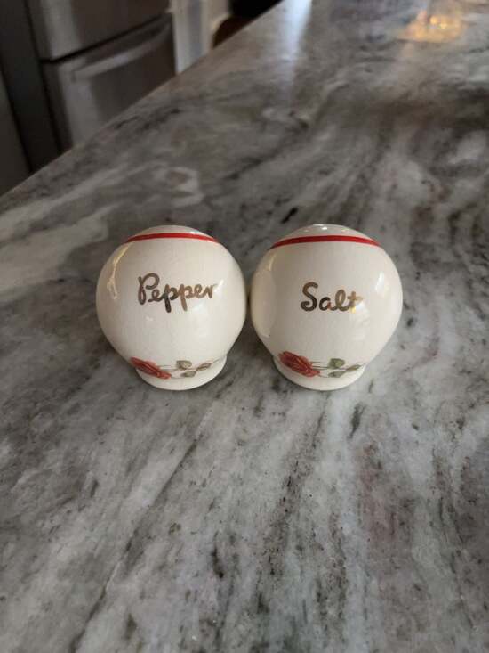 Unbranded Other - Vintage Round White Ball Red Stripe Salt and Pepper Shakers with Rose Print Gold